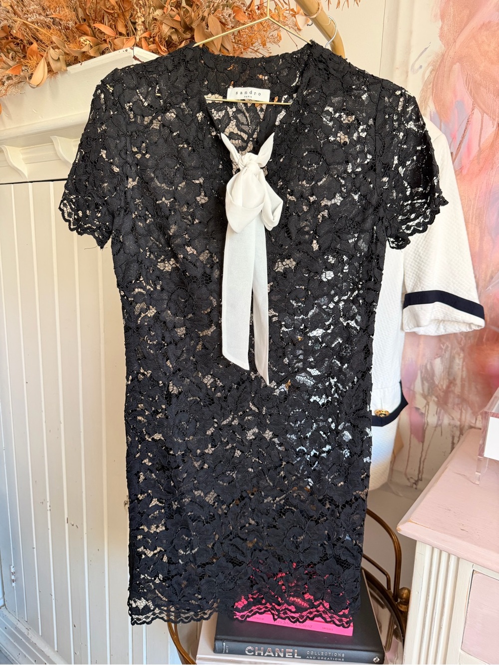 Sandro Black Lace Tie-Neck Short Sleeve Dress
